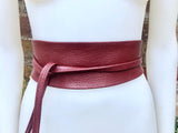 Burgundy obi belt. Genuine leather dress / overall belt. Wrap belt. Wide waist belt. Dark red Wraparound belt. Wine red boho sash.