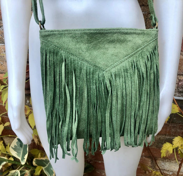 Cross body fringe bag. BOHO suede leather bag in GREEN with FRINGES. Messenger bag in soft genuine suede leather. Crossbody green hippy bag