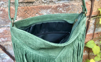 Cross body fringe bag. BOHO suede leather bag in GREEN with FRINGES. Messenger bag in soft genuine suede leather. Crossbody green hippy bag