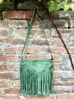 Cross body fringe bag. BOHO suede leather bag in GREEN with FRINGES. Messenger bag in soft genuine suede leather. Crossbody green hippy bag