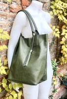 GREEN tote leather bag.Genuine leather shopper.Large carry all bag for your laptop / books.Khaki GREEN leather shoulder bag.Army green purse