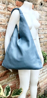 Slouch leather bag in blue - gray. Large shoulder leather bag. Origami boho bag. Large denim blue GENUINE leather purse. Blue shopper bag