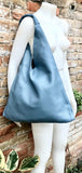 Slouch leather bag in blue - gray. Large shoulder leather bag. Origami boho bag. Large denim blue GENUINE leather purse. Blue shopper bag