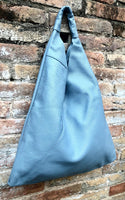 Slouch leather bag in blue - gray. Large shoulder leather bag. Origami boho bag. Large denim blue GENUINE leather purse. Blue shopper bag