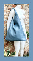 Slouch leather bag in blue - gray. Large shoulder leather bag. Origami boho bag. Large denim blue GENUINE leather purse. Blue shopper bag