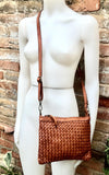 Camel brown small crossbody bag. “Distressed” vintage style soft genuine leather. Braided leather crossbody / shoulder bag. Adjustable strap