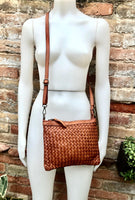 Camel brown small crossbody bag. “Distressed” vintage style soft genuine leather. Braided leather crossbody / shoulder bag. Adjustable strap