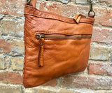 Camel brown small crossbody bag. “Distressed” vintage style soft genuine leather. Braided leather crossbody / shoulder bag. Adjustable strap