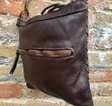 Dark brown small crossbody bag. “Distressed” vintage style soft genuine leather. Braided leather crossbody / shoulder bag. Adjustable strap