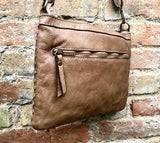 Taupe brown small crossbody bag. “Distressed” vintage style soft genuine leather. Braided leather crossbody / shoulder bag. Adjustable strap