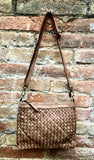 Taupe brown small crossbody bag. “Distressed” vintage style soft genuine leather. Braided leather crossbody / shoulder bag. Adjustable strap