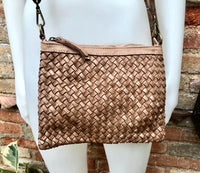 Taupe brown small crossbody bag. “Distressed” vintage style soft genuine leather. Braided leather crossbody / shoulder bag. Adjustable strap