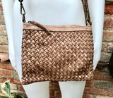 Taupe brown small crossbody bag. “Distressed” vintage style soft genuine leather. Braided leather crossbody / shoulder bag. Adjustable strap