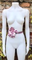 Flower leather belt in METALLIC light PINK. Waist, overall or dress belt. Genuine leather. Pink rose belt. Large metallic light pink flower.
