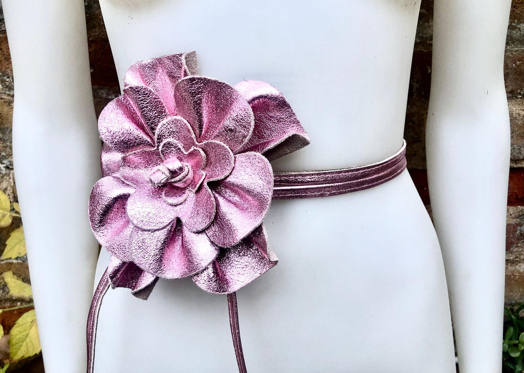 Flower leather belt in METALLIC light PINK. Waist, overall or dress belt. Genuine leather. Pink rose belt. Large metallic light pink flower.