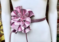 Flower leather belt in METALLIC light PINK. Waist, overall or dress belt. Genuine leather. Pink rose belt. Large metallic light pink flower.