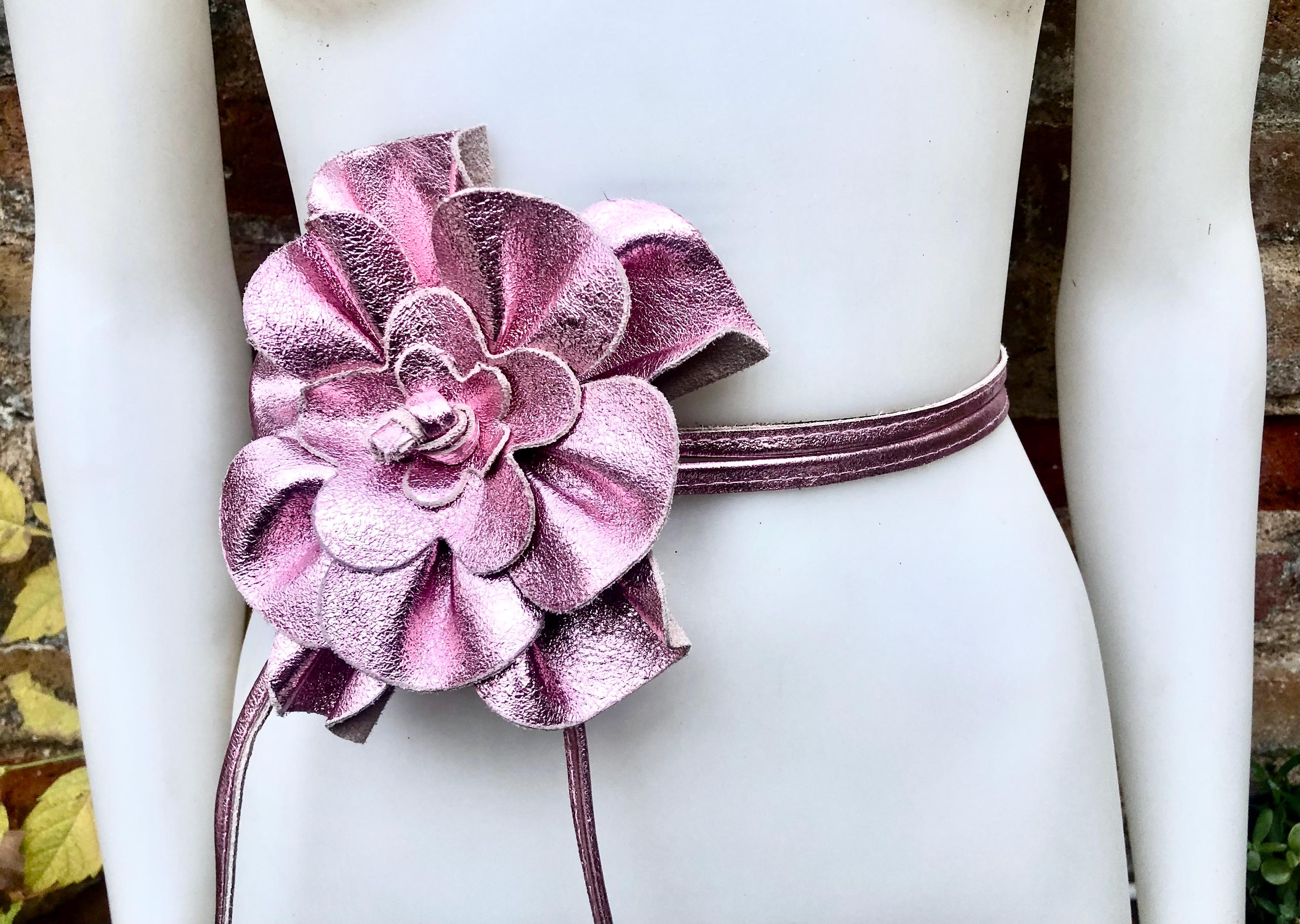 Flower leather belt in METALLIC light PINK. Waist, overall or dress belt. Genuine leather. Pink rose belt. Large metallic light pink flower.