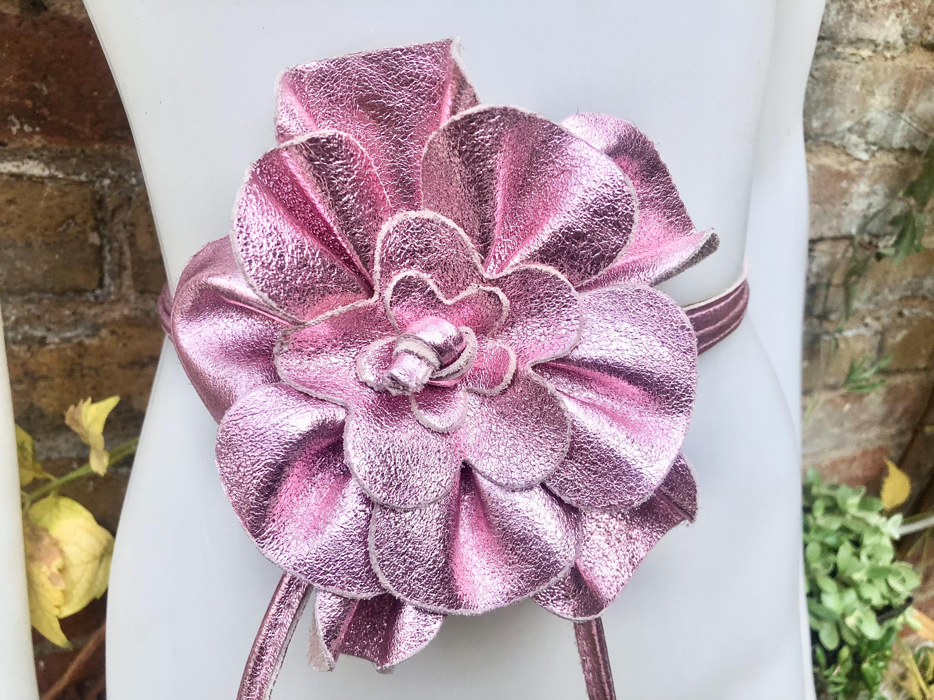Flower leather belt in METALLIC light PINK. Waist, overall or dress belt. Genuine leather. Pink rose belt. Large metallic light pink flower.
