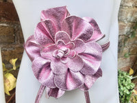 Flower leather belt in METALLIC light PINK. Waist, overall or dress belt. Genuine leather. Pink rose belt. Large metallic light pink flower.