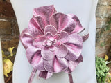 Flower leather belt in METALLIC light PINK. Waist, overall or dress belt. Genuine leather. Pink rose belt. Large metallic light pink flower.