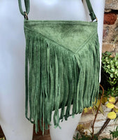 Cross body fringe bag. BOHO suede leather bag in GREEN with FRINGES. Messenger bag in soft genuine suede leather. Crossbody green hippy bag