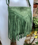 Cross body fringe bag. BOHO suede leather bag in GREEN with FRINGES. Messenger bag in soft genuine suede leather. Crossbody green hippy bag