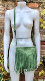 Cross body fringe bag. BOHO suede leather bag in GREEN with FRINGES. Messenger bag in soft genuine suede leather. Crossbody green hippy bag