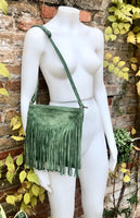 Cross body fringe bag. BOHO suede leather bag in GREEN with FRINGES. Messenger bag in soft genuine suede leather. Crossbody green hippy bag