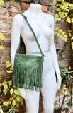 Cross body fringe bag. BOHO suede leather bag in GREEN with FRINGES. Messenger bag in soft genuine suede leather. Crossbody green hippy bag