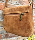 Camel BROWN suede bag.Genuine leather. Tan brown small crossbody / shoulder bag. Adjustable strap, flap + zipper. Caramel brown suede purse.