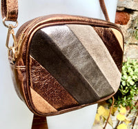 Small leather bag in COPPER. GENUINE leather Crossbody / shoulder bag. Metallic shine leather bag. Adjustable strap + zipper. Copper purse