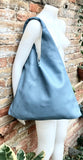 Slouch leather bag in blue - gray. Large shoulder leather bag. Origami boho bag. Large denim blue GENUINE leather purse. Blue shopper bag