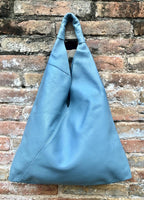 Slouch leather bag in blue - gray. Large shoulder leather bag. Origami boho bag. Large denim blue GENUINE leather purse. Blue shopper bag