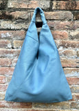 Slouch leather bag in blue - gray. Large shoulder leather bag. Origami boho bag. Large denim blue GENUINE leather purse. Blue shopper bag