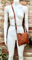 Camel brown small crossbody bag. “Distressed” vintage style soft genuine leather. Braided leather crossbody / shoulder bag. Adjustable strap