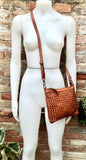 Camel brown small crossbody bag. “Distressed” vintage style soft genuine leather. Braided leather crossbody / shoulder bag. Adjustable strap