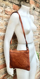 Camel brown small crossbody bag. “Distressed” vintage style soft genuine leather. Braided leather crossbody / shoulder bag. Adjustable strap