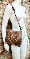 Taupe brown small crossbody bag. “Distressed” vintage style soft genuine leather. Braided leather crossbody / shoulder bag. Adjustable strap