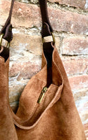 Slouch leather bag in rusty brown. Dark saddle brown hobo bag. Boho bag.Book or tablet bags in suede. Dark camel brown soft leather shopper