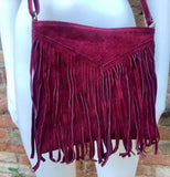 Cross body bag. BOHO suede leather bag in BURGUNDY with fringes. Messenger bag in soft genuine suede leather. Dark red crossbody hippy bag