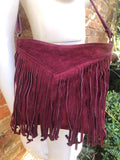 Cross body bag. BOHO suede leather bag in BURGUNDY with fringes. Messenger bag in soft genuine suede leather. Dark red crossbody hippy bag