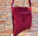 Cross body bag. BOHO suede leather bag in BURGUNDY with fringes. Messenger bag in soft genuine suede leather. Dark red crossbody hippy bag
