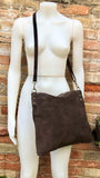 Dark brown suede messenger bag. Soft genuine leather crossbody / shoulder bag for books, tablets. Chocolate brown suede purse.
