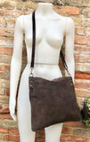 Dark brown suede messenger bag. Soft genuine leather crossbody / shoulder bag for books, tablets. Chocolate brown suede purse.