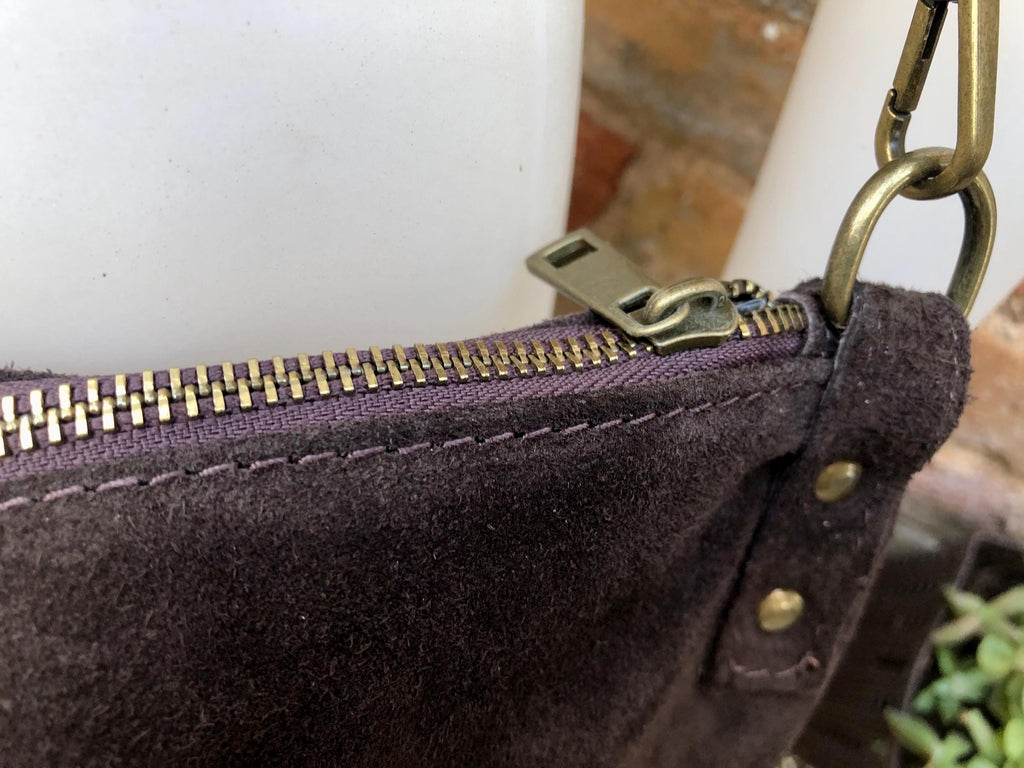 Dark rusty brown suede messenger bag. Soft genuine leather crossbody / shoulder bag for books, tablets. Dark brown suede purse.