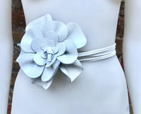 Flower leather belt in WHITE. Waist, overall or dress belt. Genuine leather. White rose belt. Large white leather flower.
