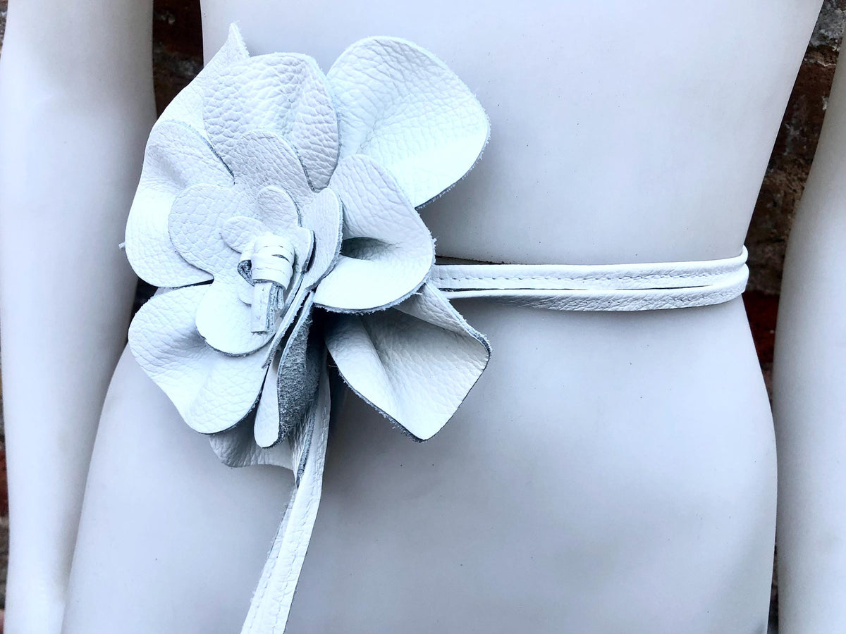 Flower leather belt in WHITE. Waist, overall or dress belt. Genuine leather. White rose belt. Large white leather flower.