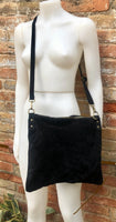 BLACK suede messenger bag. Soft genuine leather crossbody / shoulder bag for books, tablets. BLACK suede purse. Adjustable strap + zipppers