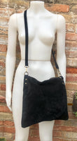 BLACK suede messenger bag. Soft genuine leather crossbody / shoulder bag for books, tablets. BLACK suede purse. Adjustable strap + zipppers