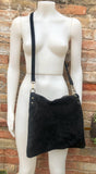 BLACK suede messenger bag. Soft genuine leather crossbody / shoulder bag for books, tablets. BLACK suede purse. Adjustable strap + zipppers